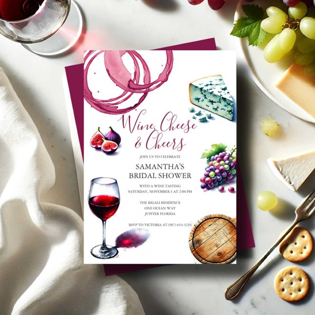 Convites de Chá de Noiva com Vinho e Queijo (Bridal shower invitations wine & cheese tasting watercolor charcuterie design Victoria Grigaliunas )