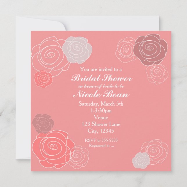 Convites de Chá de Noiva Coral Rosa Floral (Frente)