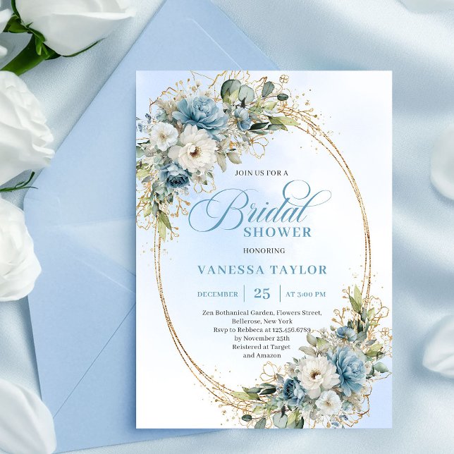 Convites de Chá de Noiva Florais em Azul Poeirento (Graceful Dusty Blue Floral Bridal Shower Invitation)