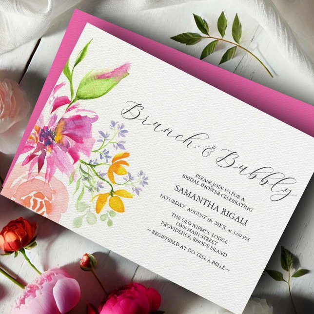 Convites de Chá de Noiva Florais Vibrante Rosa (Bridal shower invitations brunch and bubbly flowers watercolor art by Victoria Grigaliunas)