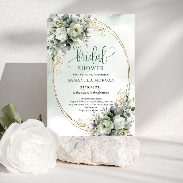 Convites de Chá de Noiva Luxo Floral Eucalipto Dou (Luxe Floral Eucalyptus Gold Bridal Shower Invitation)
