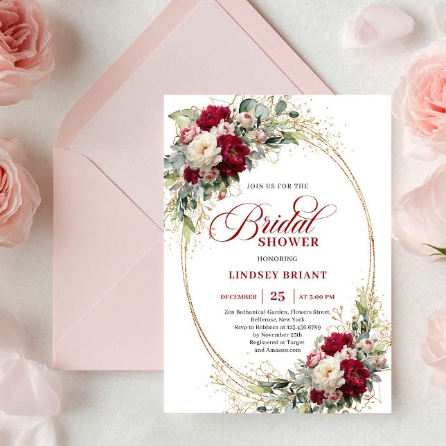 Convites de Chá de Noiva Romântico Merlot Rosas Do (Romantic Merlot Roses Gold Bridal Shower Invitation)