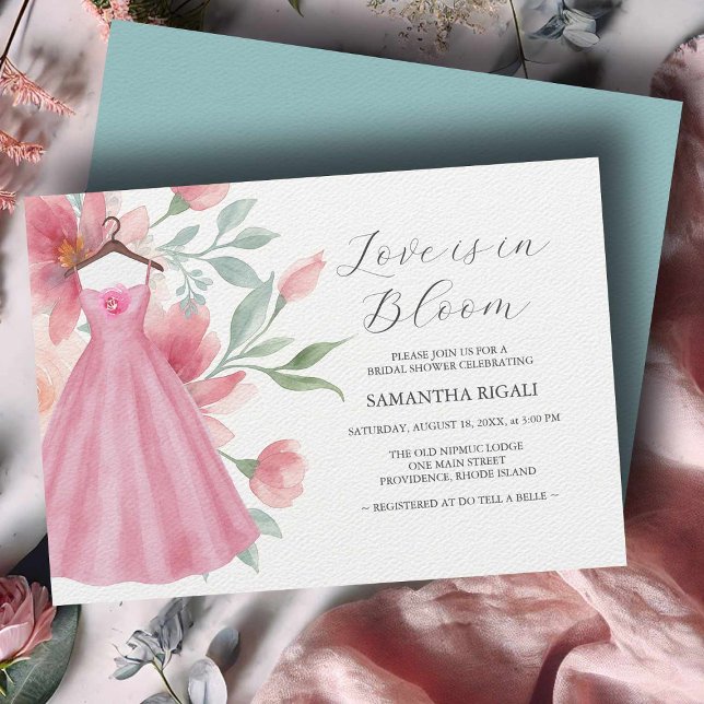 Convites de chá de panela Azuis Rosa e Sage Online (Bridal shower invitations watercolor pink dress and flowers by Victoria Grigaliunas Do Tell A Belle)