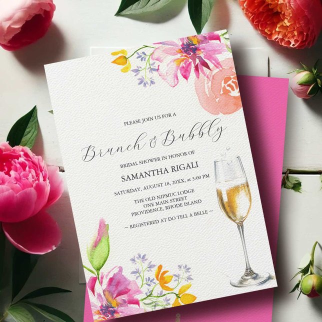 Convites de chá de panela cor-de-rosa embebidos (pink bridal shower invitations brunch and bubbly by small business owner do tell a belle)
