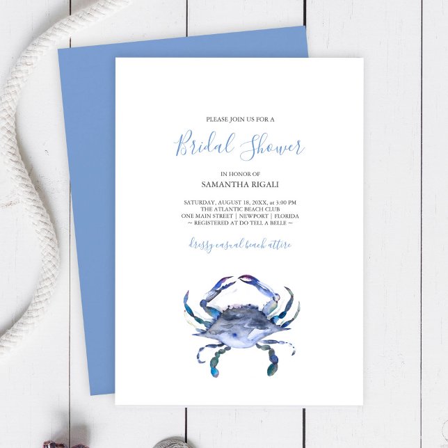 Convites de chá de panela de caranguejo de praia (Bridal shower invitations watercolor blue crab art by Victoria Grigaliunas )