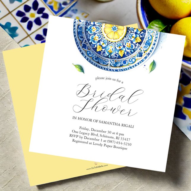Convites de chá de panela de citrinos azuis e amar (Lemon themed bridal shower invitations blue and yellow watercolor)