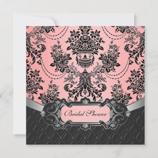 Convites de chá de panela de Damask Pretos e Rosa (Frente)