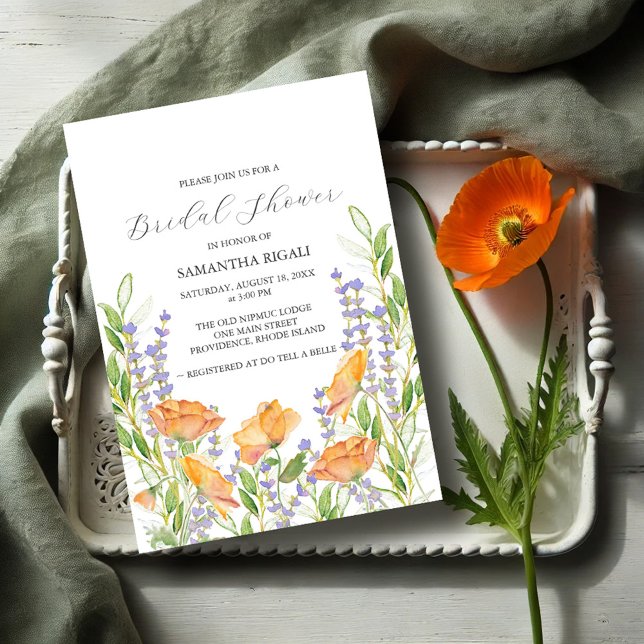 Convites de chá de panela de flor selvagem (Garden bridal shower invitations watercolor orange poppy flowers & botanicals Victoria Grigaliunas)