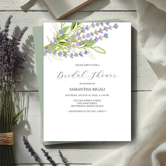 Convites de chá de panela de flores silvestres (Bridal shower invitations watercolor lavender art by Victoria Grigaliunas Do Tell A Belle)