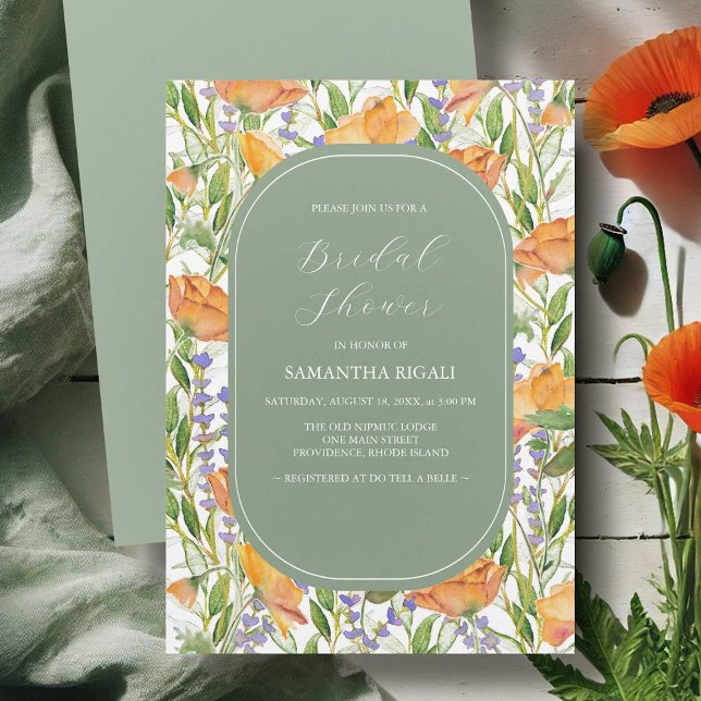 Convites de chá de panela de flores verdes (Sage green and watercolor flowers bridal shower invitations art by Victoria Grigaliunas DoTellABelle)