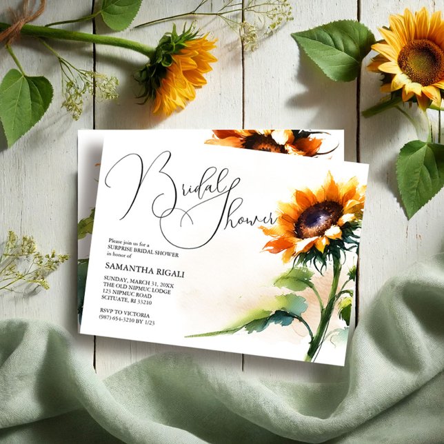 Convites de chá de panela de girassol (Sunflower bridal shower invitations feature rustic floral design for a fall event.)