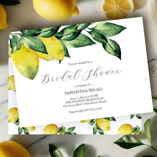 Convites de chá de panela de limão | Horizontal (Watercolor lemons bridal shower invitations art by Victoria Grigaliunas of Do Tell A Belle)
