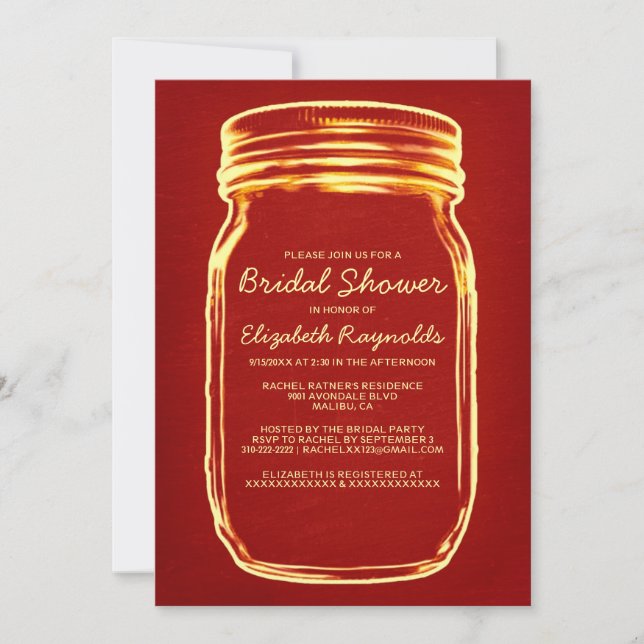 Convites de chá de panela de Mason Jar Vermelho e  (Frente)