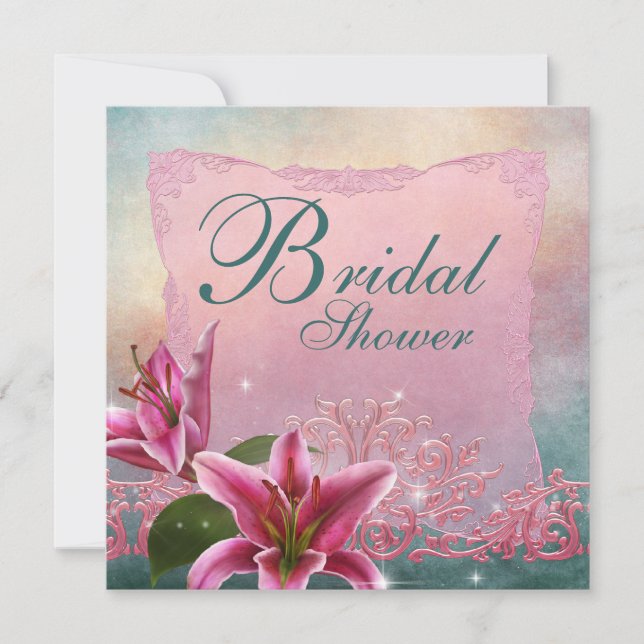 Convites de Chá de Panela de Noiva Lírio Rosa Azul (Frente)