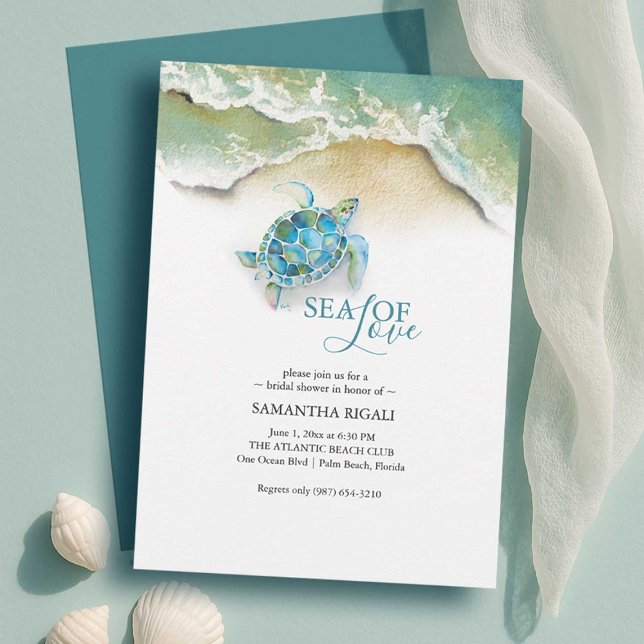 Convites de chá de panela de praia | Tartaruga mar (classy beach bridal shower invitations with watercolor teal blue sea turtle by dotellabelle)