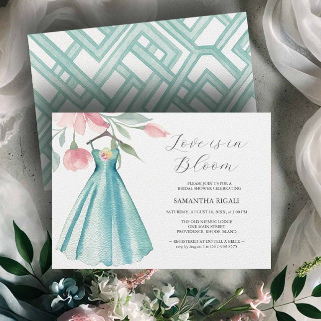 Convites de chá de panela de vestir azuis exclusiv (unique bridal shower invitation online designed with a blue watercolor dress)