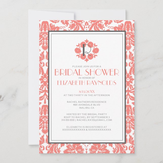 Convites de chá de panela do Damask Monogramas Cor (Frente)