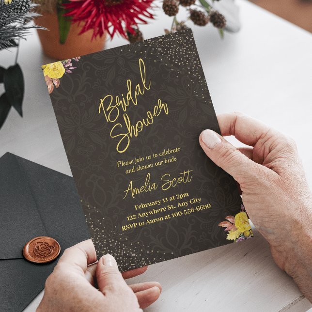 Convites de chá de panela Dourados (floral bridal shower, bridal shower brunch, bridal shower invitations gold)