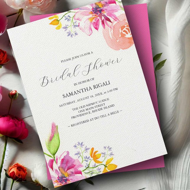 Convites de chá de panela Florais Rosa Vibrante (Bridal shower invitations vibrant pink watercolor floral art by Victoria Grigaliunas DoTellABelle)