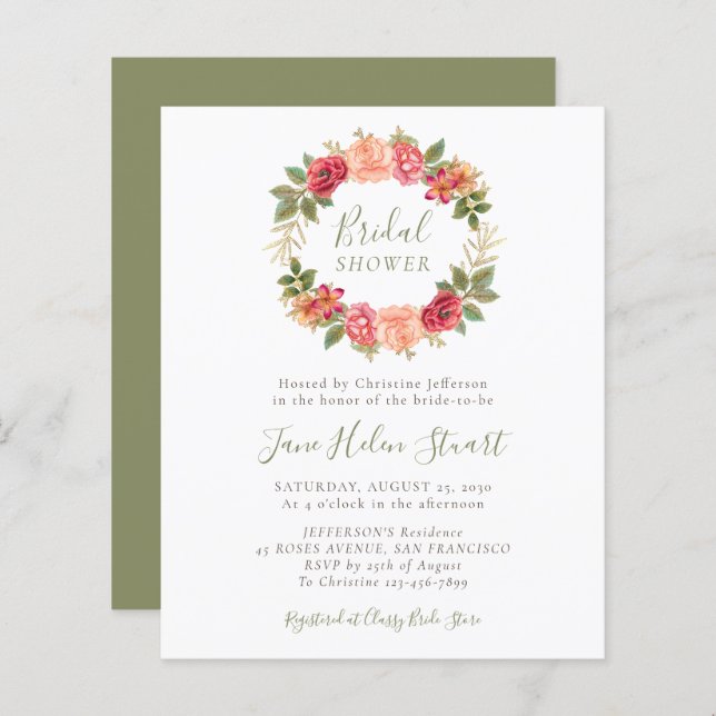 Convites de chá de panela florais verdes de orçame (Frente/Verso)