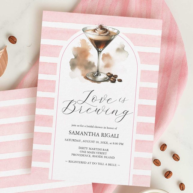 Convites de chá de panela Martini de café rosa (pink coffee bridal shower theme espresso martini small business do tell a belle)