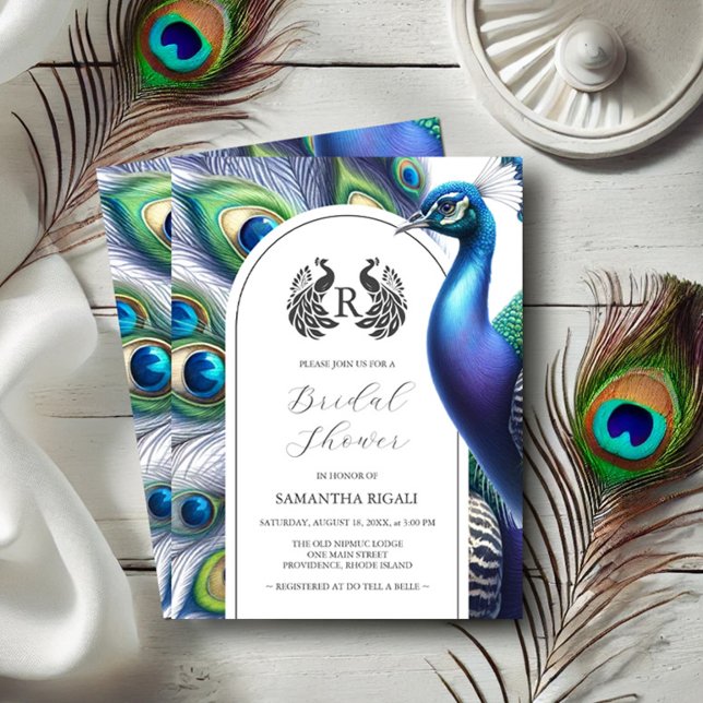 Convites de chá de panela Peacock Maiestosos (Bridal shower invitations watercolor peacock and monogram Do Tell A Belle)