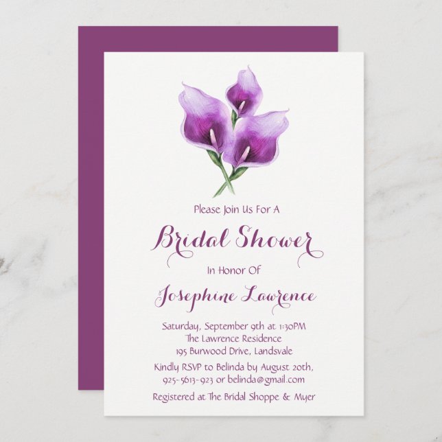 Convites de chá de panela Purple Calla Lily (Frente/Verso)