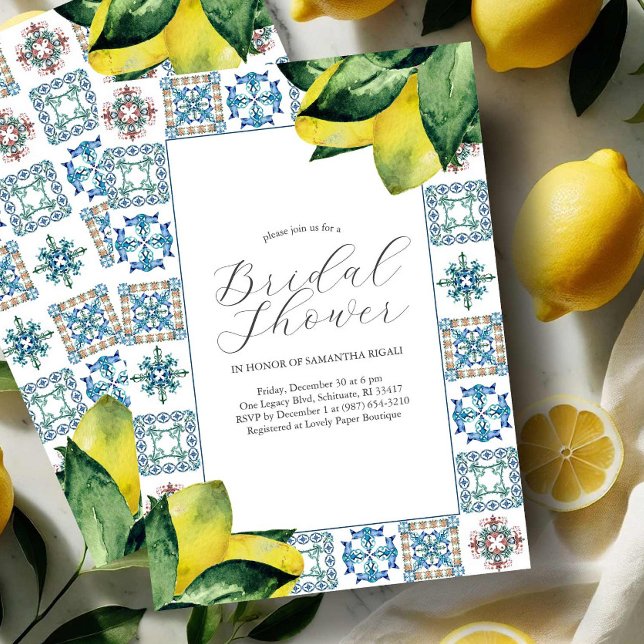 Convites de chá de panela Tema Da Costa Amalfi (Amalfi coast bridal shower theme invitations with blue & yellow watercolor Victoria Grigaliunas)