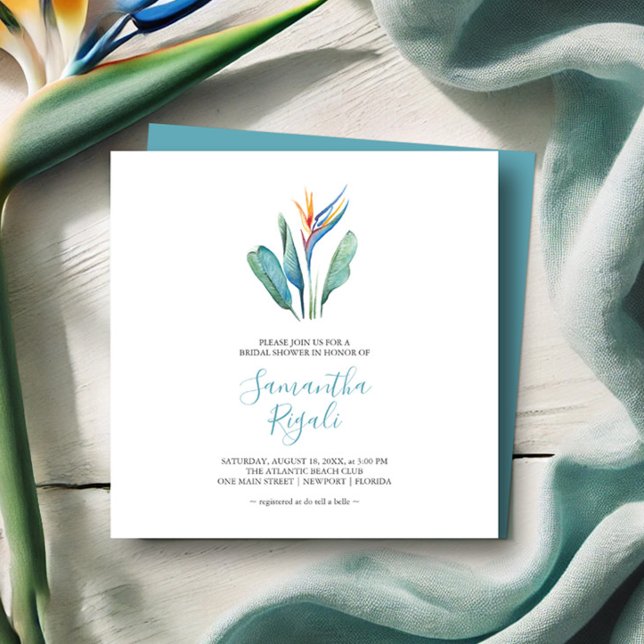 Convites de chá de panela tropicais (Tropical bridal shower invitations watercolor flower by Victoria Grigaliunas Do Tell A Belle)