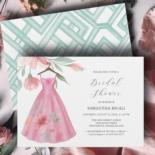 Convites de chá de panela únicos cor-de-rosa e azu (unique Bridal shower invitation watercolor blue & pink dress art by Victoria Grigaliunas)