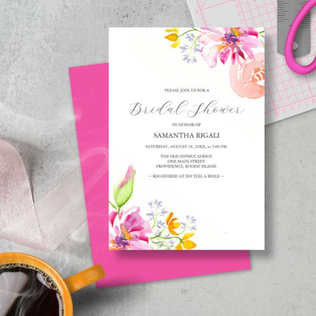 Convites de chá de panela Vibrantes Rosa Floral (Bridal shower invitations feature colorful watercolor flowers by Victoria Grigaliunas)