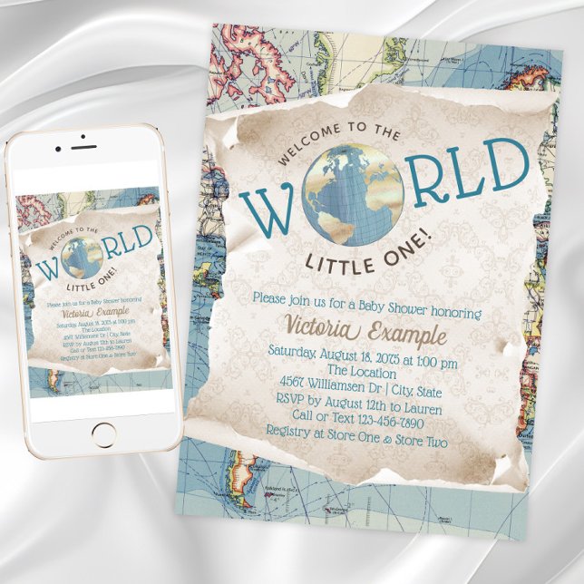Convites de Chamada de Bebê com Mapa Antigo (Vintage map baby shower invitation. Instant download and printed invitations available.)