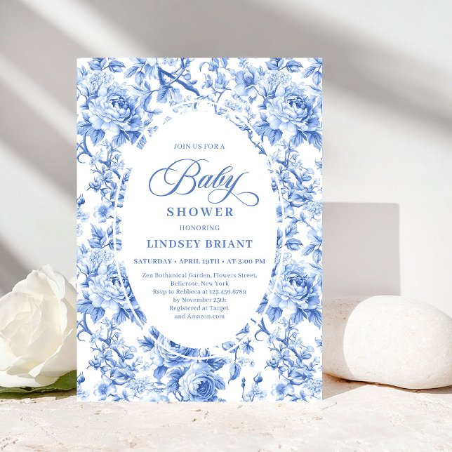 Convites de Chás de Bebê Clássicos Navy Azul Toile (Classic Navy Blue Toile Rose Baby Shower Invitation)