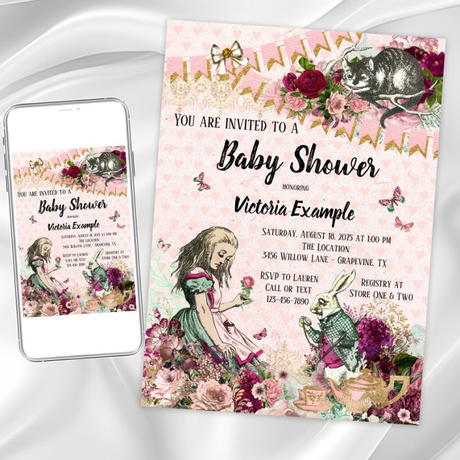 Convites de Chás de Bebê da Alice no País das Mara (Wonderland baby shower any occasion invitation. Instant download and printed invitations available.)