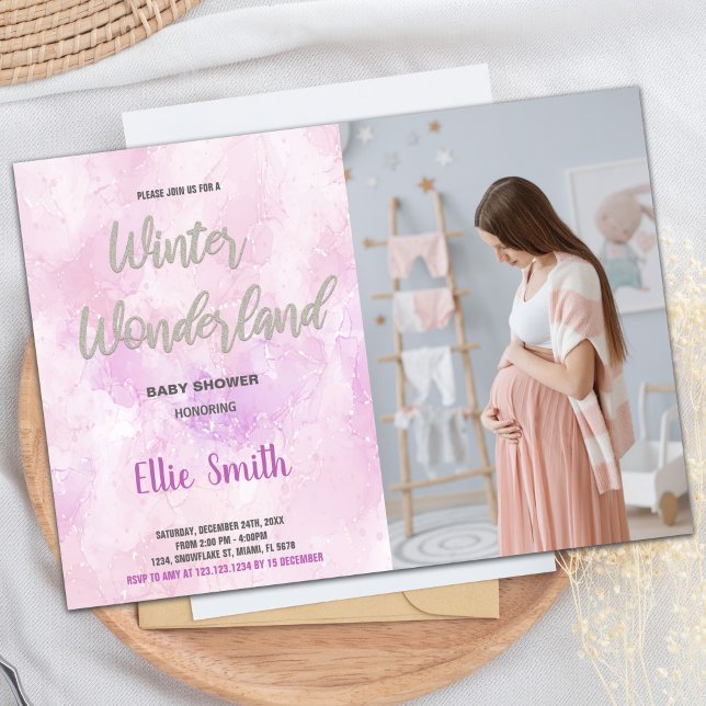 Convites de Chás de Bebê de Inverno Brilho Rosa Fo (Winter Baby Shower Invitations Pink Glitter Photo)