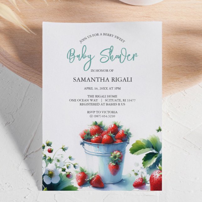 Convites de Chás de Bebê de Morango em Aquarela Fo (Strawberry baby shower invitations features a retro watercolor tin pint of strawberries DoTellABelle)