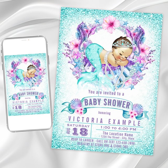 Convites de Chás de Bebê de Sereia Roxo Turquesa (Cute mermaid baby shower invitation. Instant download and printed invitations available.)