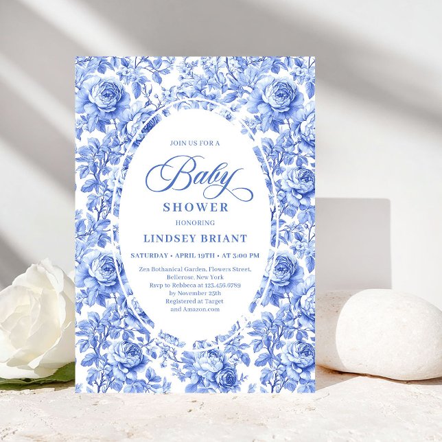 Convites de Chás de Bebê Luxuosos em Azul Profundo (Luxury Deep Blue Toile Roses Baby Shower Invitation)