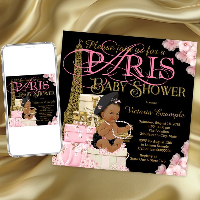 Convites de Chás de Bebê Menina Paris (Pink black and gold Paris baby shower invitation. Instant download and printed invitations available)