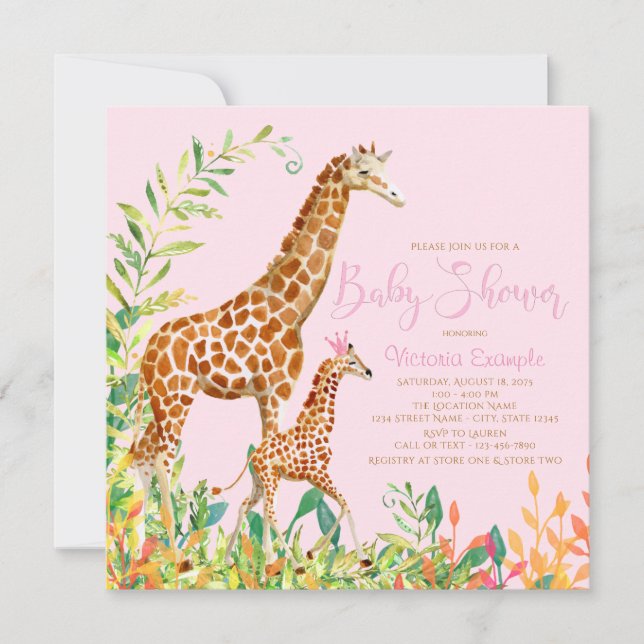 Convites de Chás de Bebê para Menina com Girafa (Frente)
