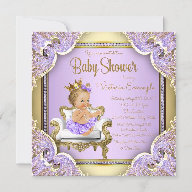 Convites de Chás de Bebê Princesa Dourado Lavanda (Frente)