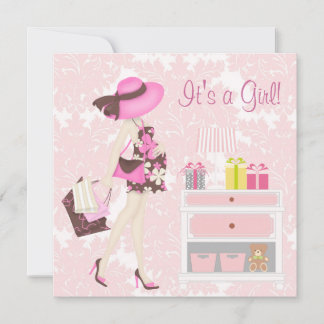 Convites de Chás de Bebê Rosa Elegantes com Damask