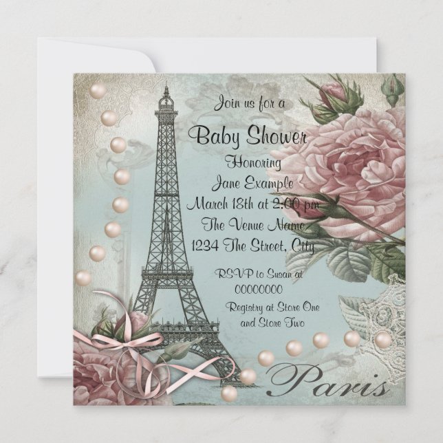 Convites de Chás de Bebê Vintage Rosa Paris (Frente)