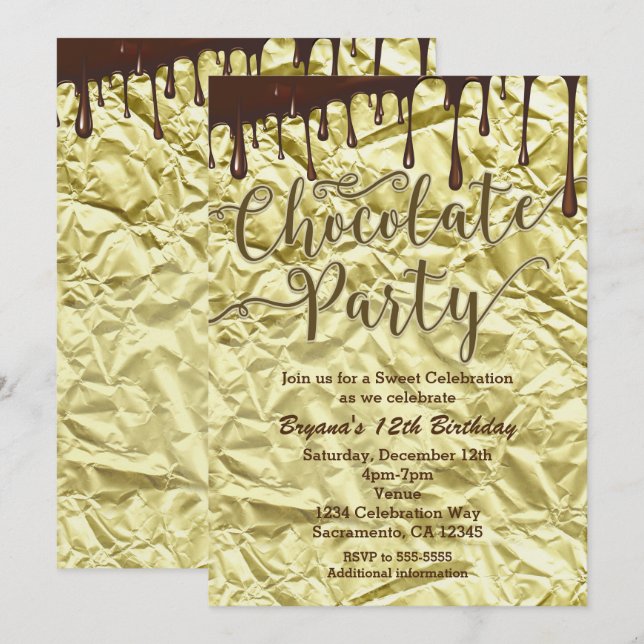 Convites de Chocolate Dourado com Embrulho de Faux (Frente/Verso)