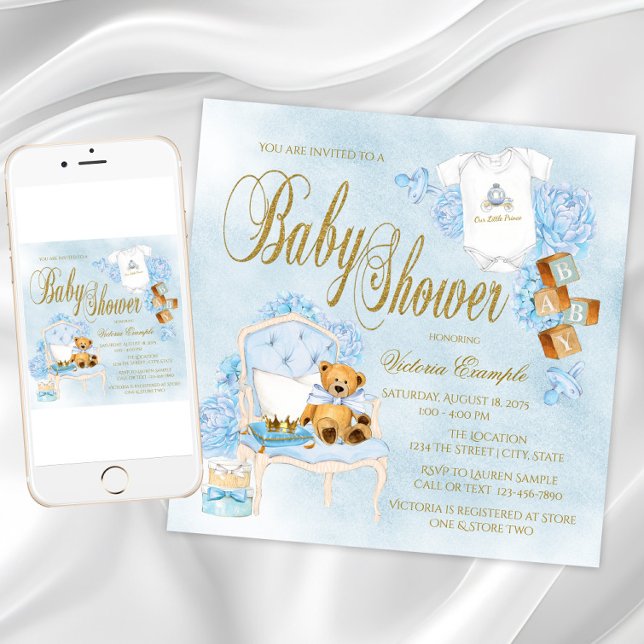 Convites de Churrasco de Bebê Menino Azul Dourado  (Boy watercolor baby shower invitation. Instant download and printed invitations available.)