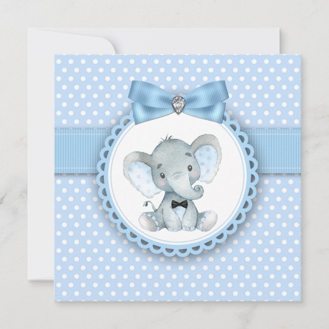 Convites de Churrasco de Bebê Menino Elefante Azul (Frente)