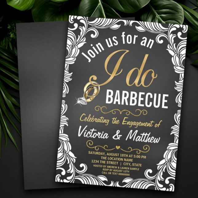 Convites de Churrasco Eu Aceito em Quadro Negro (Black and gold I do barbecue engagement party invitation. Simply add your event details.)