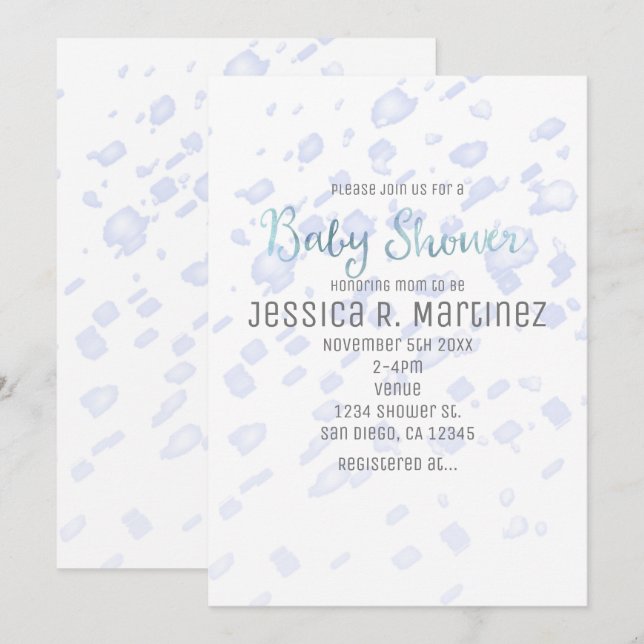 Convites de Chuva Azul de Baby Shower em Aquarela (Frente/Verso)