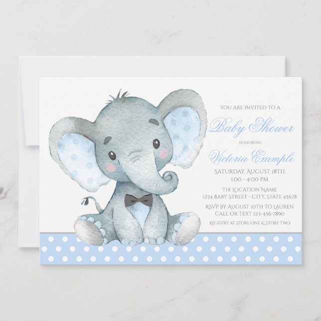 Convites de Chuvada de Bebê Menino Elefante (Frente)