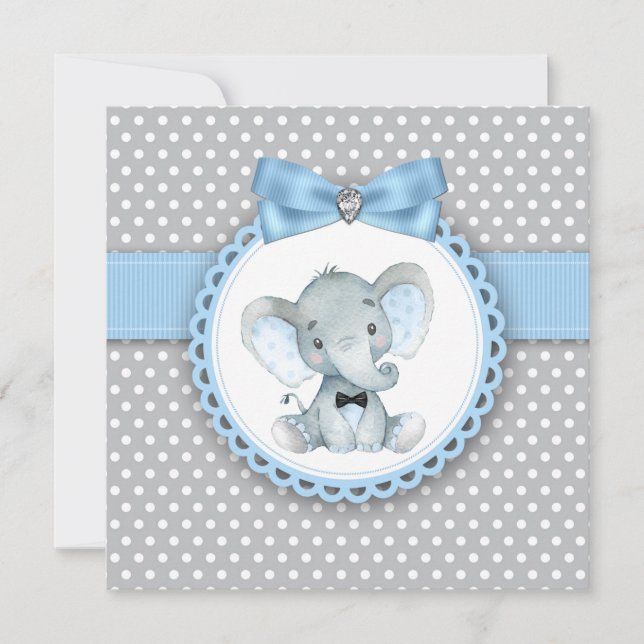 Convites de Chuvada de Bebê Menino Elefante Azul C (Frente)